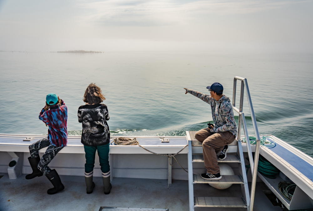 Three students on a boat, with two observing the water and one pointing towards the horizon. The scene is misty, with a calm sea stretching out in front of them.