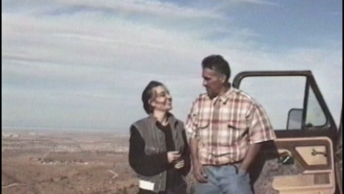 A woman and a man stand by an open car door in the desert, looking at each other fondly.