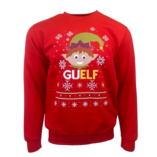 A red sweater that says Guelph, with an illustration of an elf.