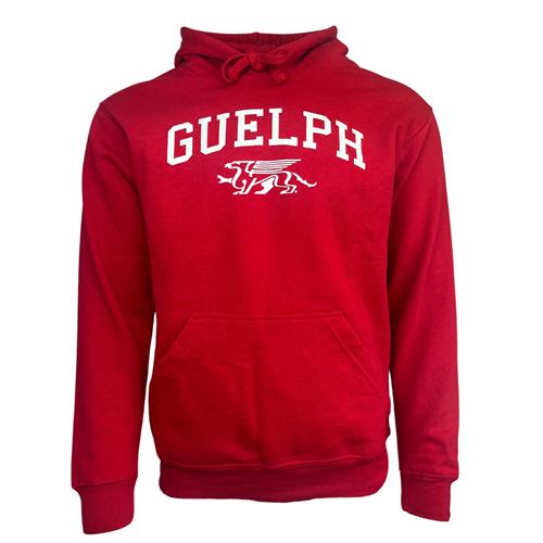 A red sweater with a hood that says Guelph and has the Gryphon mascot.