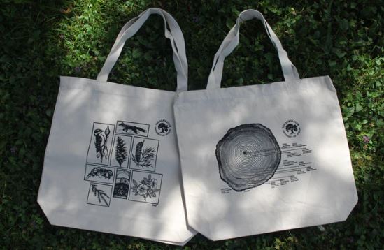 The Arboretum's tote bag, with a design showing the rings of a tree on one side and plants on the other.