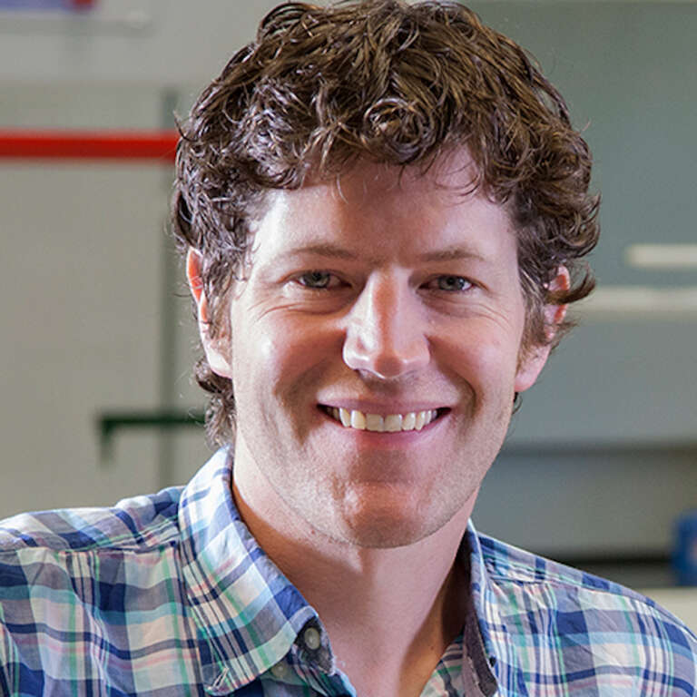 A person with short, curly brown hair wearing a blue plaid button-up shirt smiles into the camera with a whiteboard in the background. 