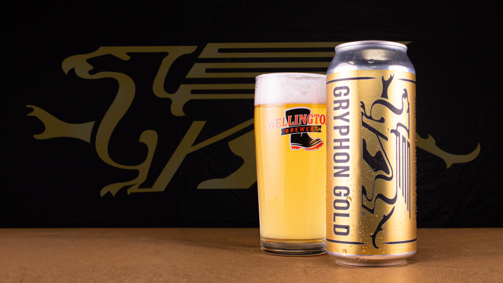 A can of gryphon gold beer, in a golden can that features the U of G gryphon mascot.