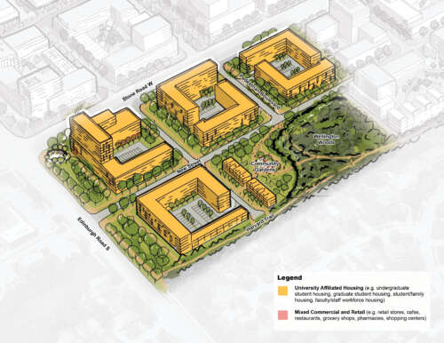 An artist's rendering of proposed student housing shows a drawing of yellow buildings outlined in black surrounded by green landscaping.