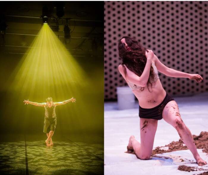 Snapshots of the dance performances. In one shot, the dancer bows forward with his hands out, a yellow spotlight shines down on him from above. In the other performance, a woman half kneeling on the ground is smeared with sand and has her long curly brown hair mostly covering her face.