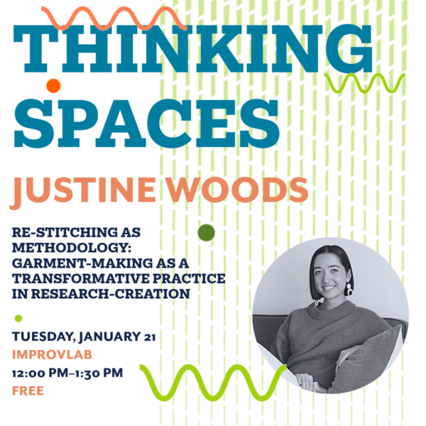 Event poster featuring the event details and a headshot of Justine Woods, wearing a sweater and chunky earrings sitting on a couch.