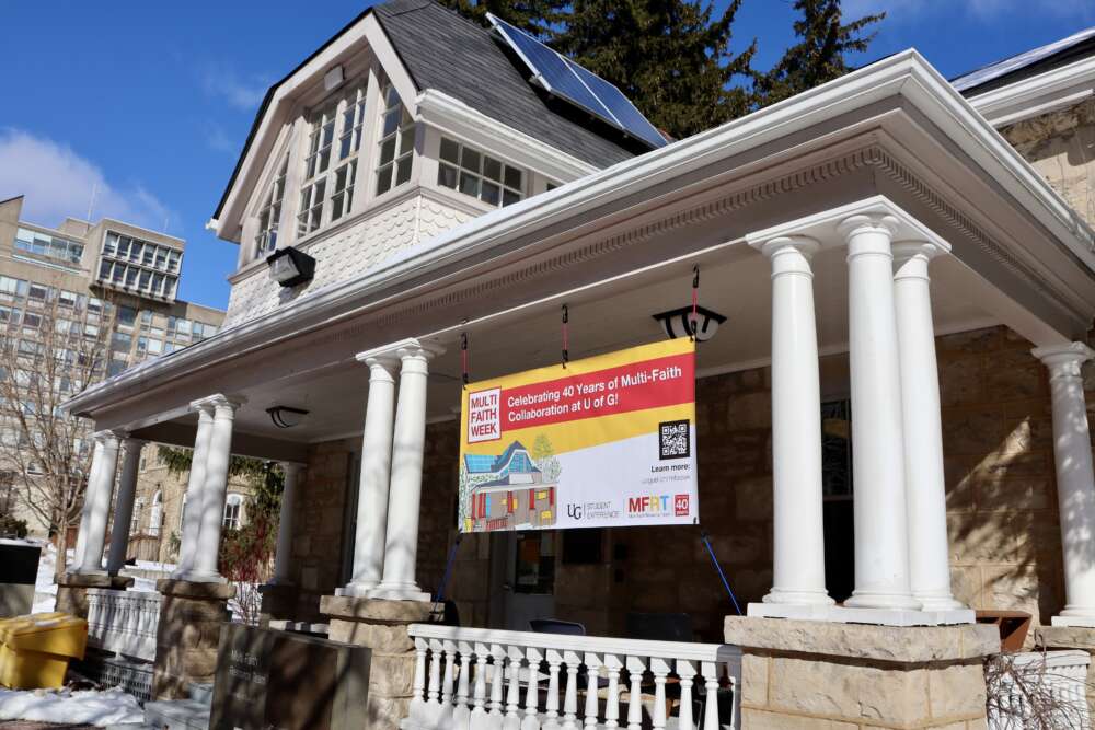A sign at Raithby house celebrates multi-faith week and 40 years of multi-faith at U of G.