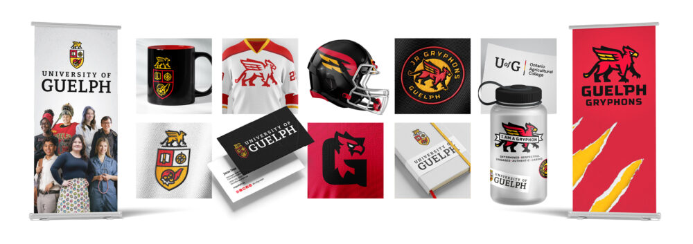 A collage of the evolved University of Guelph-branded merchandise and promotional materials. On the left, a white vertical banner displays the University of Guelph logo, with a diverse group of students standing in front, dressed in various casual and university-themed apparel. Next to it, a black coffee mug features the university’s crest in gold and red. A white and red hockey jersey with a stylized gryphon logo and the number ‘22’ on the sleeve is also shown. Further right, a black football helmet with red and yellow gryphon accents and a metallic faceguard is displayed. An embroidered patch with a circular red and yellow design reads ‘JR GRYPHONS GUELPH.’ A textured close-up of the university crest is also included. A black business card with the University of Guelph’s name and logo sits atop a white business card. Additional elements include a red fabric texture with a stylized gryphon silhouette, a notebook with the University of Guelph crest and name embossed on the cover, and a transparent water bottle with the words ‘I AM A GRYPHON’ along with descriptors like ‘Determined, Engaged, Authentic, Caring.’ On the far right, another vertical banner with a red background showcases a black and yellow gryphon with the words ‘Guelph Gryphons’ below it, with yellow claw marks as a background element.