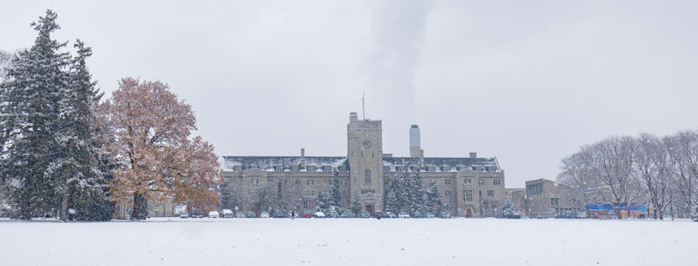 Johnston hall while snowing.