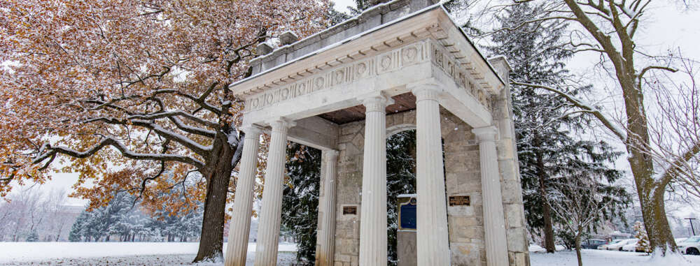 The U of G Portico on a snowy winter day.