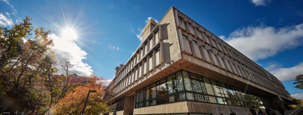 A worm's eye view of the McLaughlin Library on the U of G campus