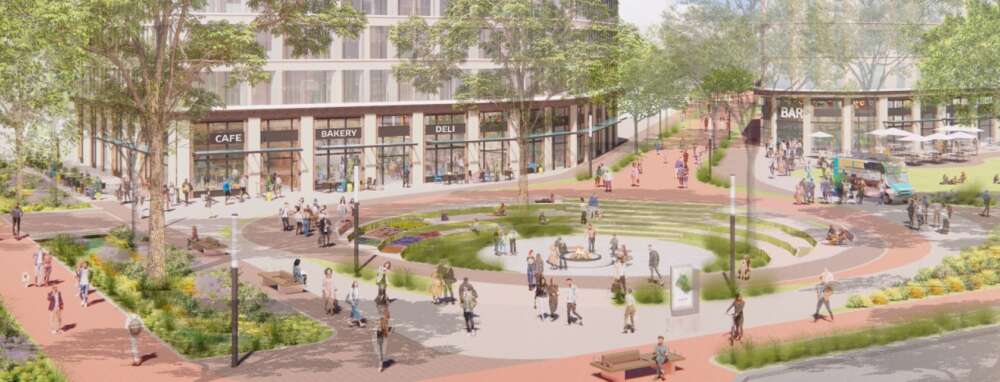 a conceptual illustration of a public square, showing commercial space and a large grassy meeting cricle