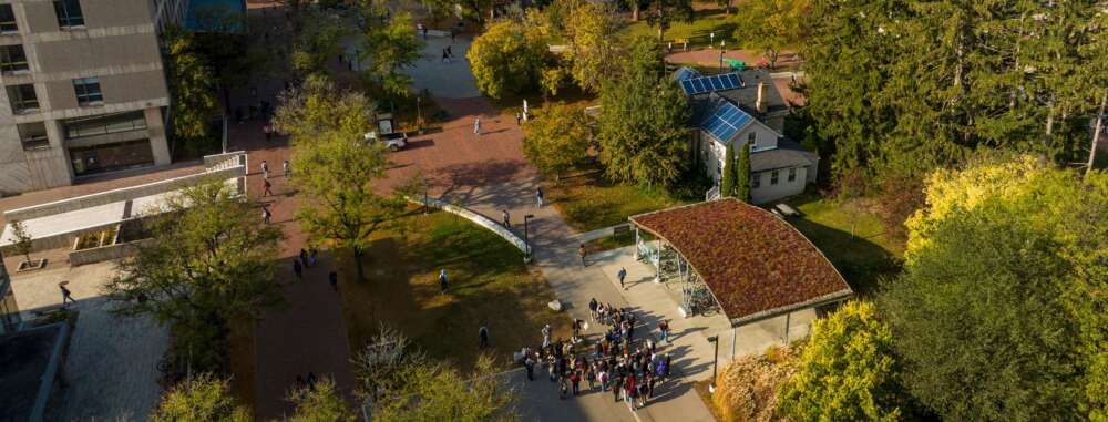 an overhead photo of the university of guelph campus, showing several buildings and students