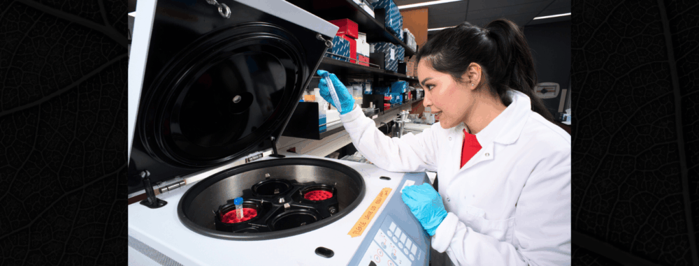 Researcher dressed in lab coat examines test tube