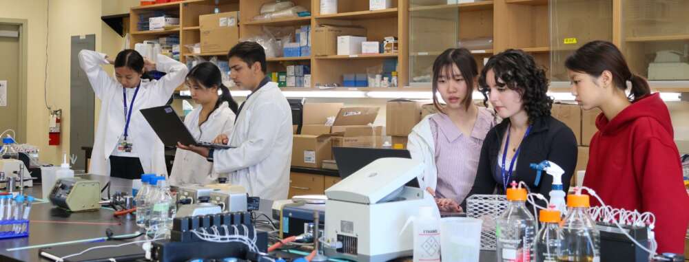 students in white lab coats stand in front of a lab bench, looking at a laptop and scientific equipment