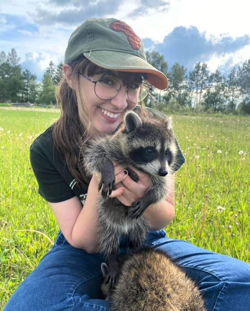 OVC student Emily Van Rassel poses with a raccoon while sitting on grass