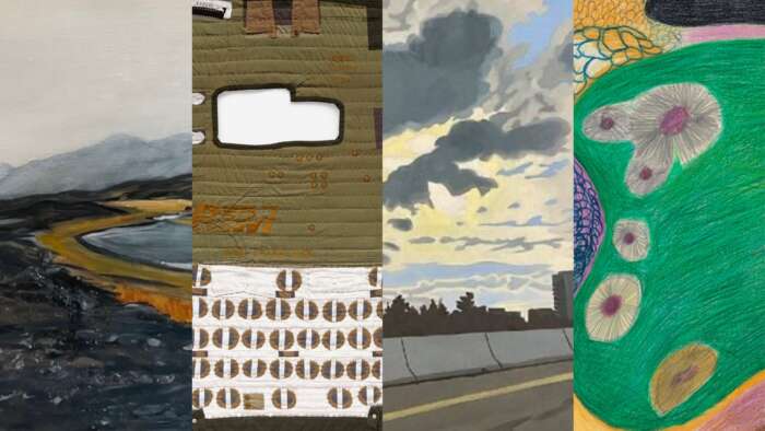 Adrian Stimson, Lone Bull II – Kenow Wildfire Waterton Park (detail), 2025, oil on birchwood, 45.7 x 61 cm.