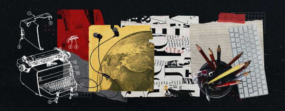 A collage graphic of images in red, black, gold and white depicts a typewriter, ear buds, a magazine page with text, lined paper, a mug full of pens and pencils and an Apple keyboard.