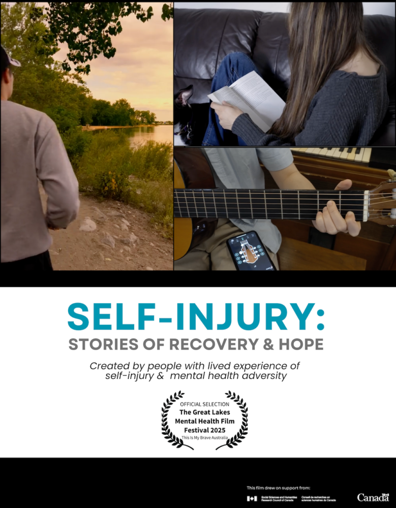 A movie poster for a film depicts blue text on a white background with three collage images of people walking, playing guitar and reading.