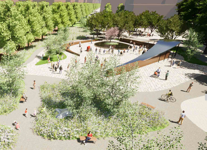 Rendering of a large outdoor public space with trees, eating, and people.