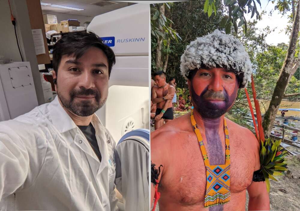 David Good in lab coat beside field photo in traditional attire.