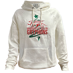 A hoodie with the Guelph Gryphons mascot and a christmas tree.
