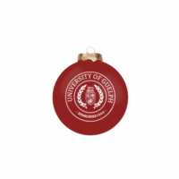 Red ball ornament that says the University of Guelph and features the crest.