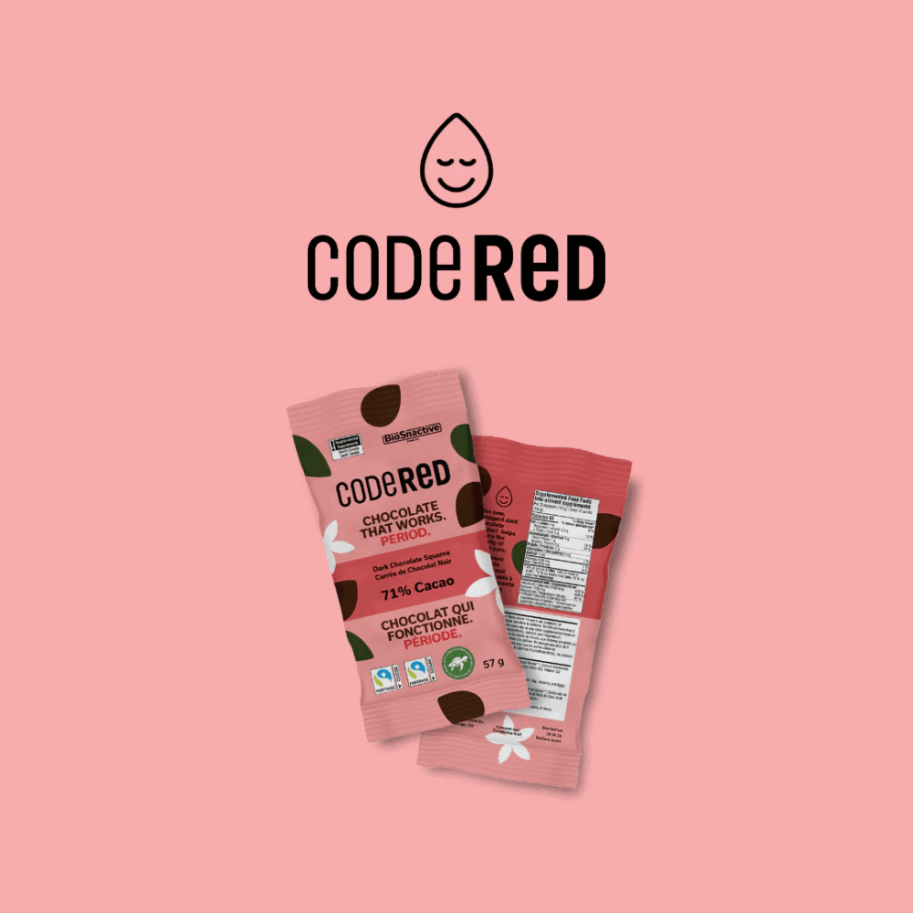 Code Red chocolate logo and package. The chocolate is 71% cacao and fair trade.