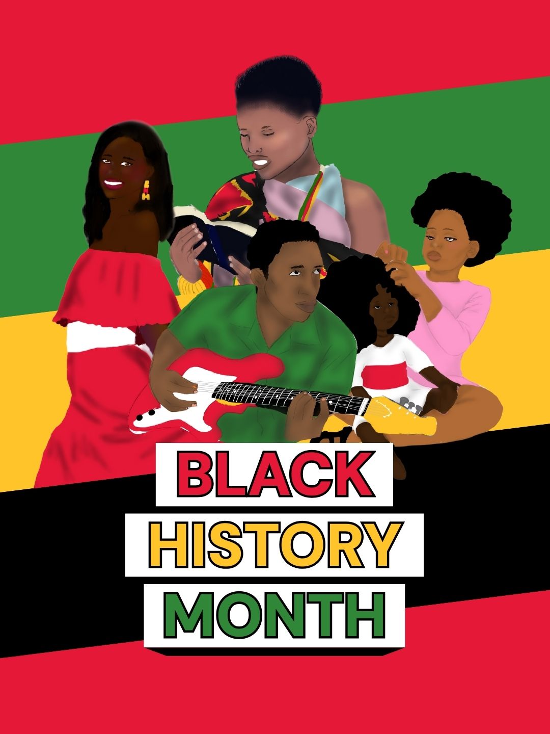 Illustration of Black individuals across generations reading, playing music, and caring for children, set against red, black, green, and gold bands. Text reads “Black History Month.”
