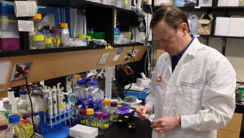 A man in a white lab coat stands holding equipment at a black counter stocked with various laboratory supplies of all colours.
