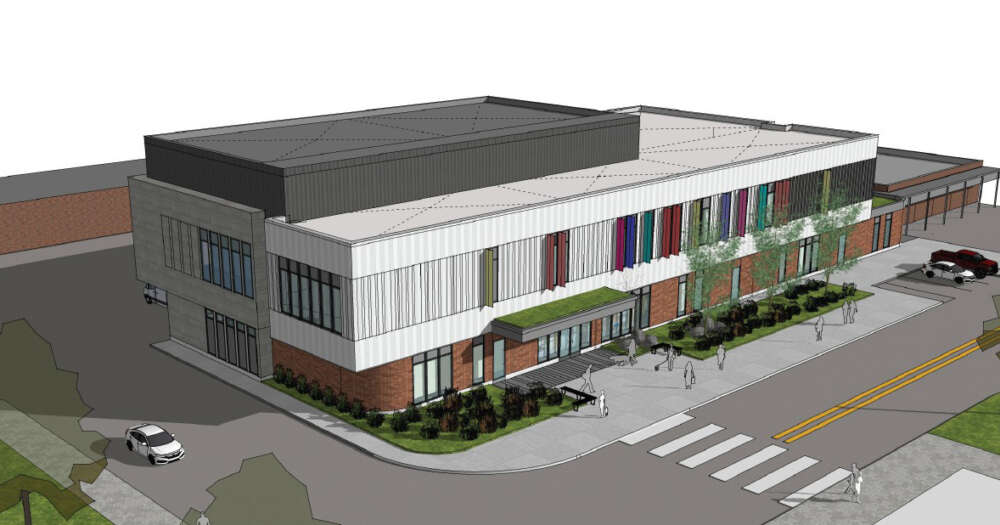 drawing showing a long, 2-storey building with trees and crosswalk in front