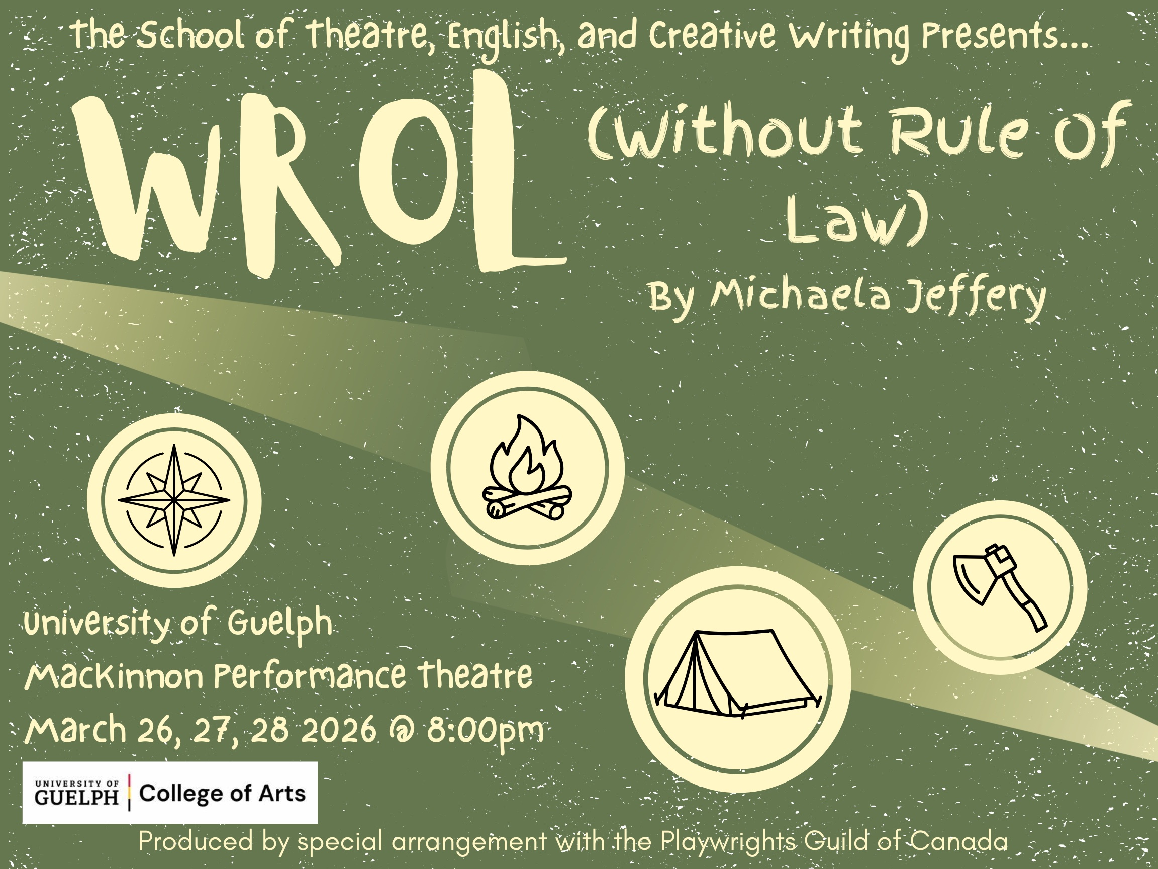 A poster for the event with event details. Icons representing a compass, fire, a tent, and an axe are featured.