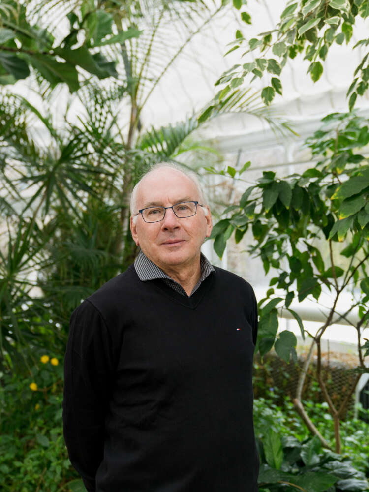 Researcher stands against a greenhouse background
