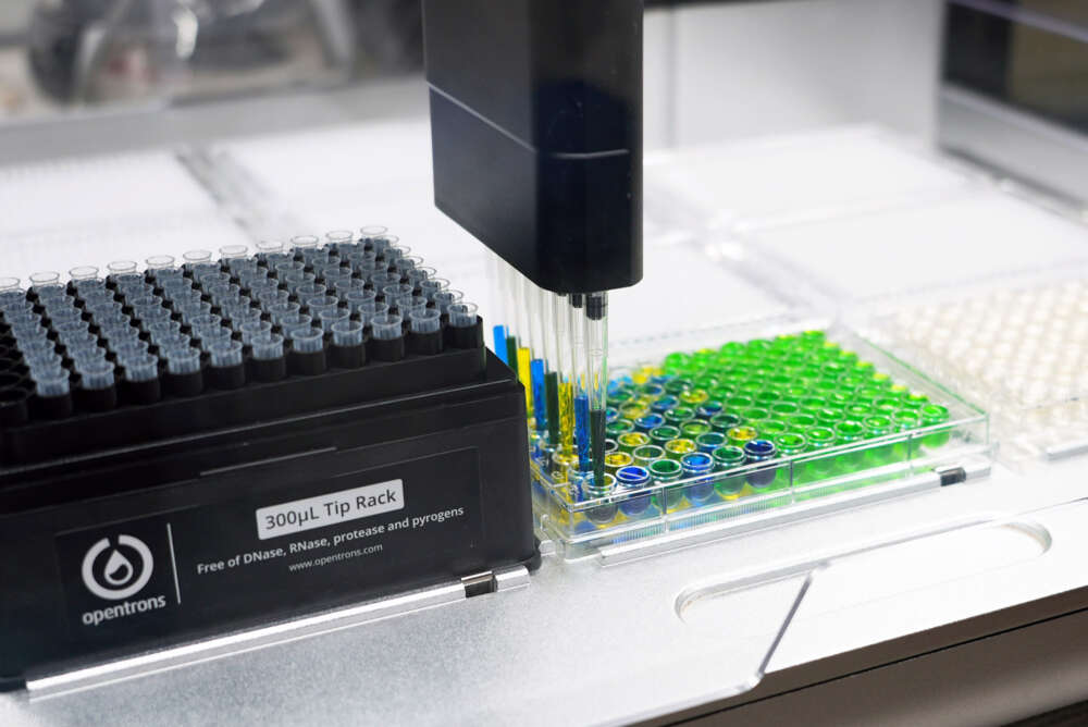 Closeup of pipettes in a liquid handling robot