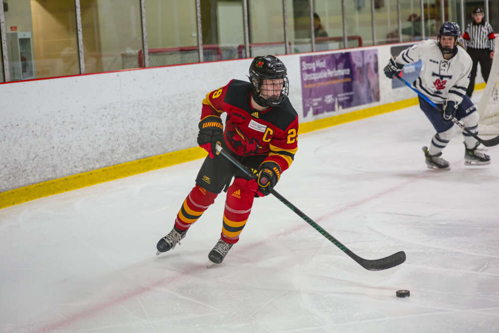 skater crosses the red line behind the net on a hockey rink