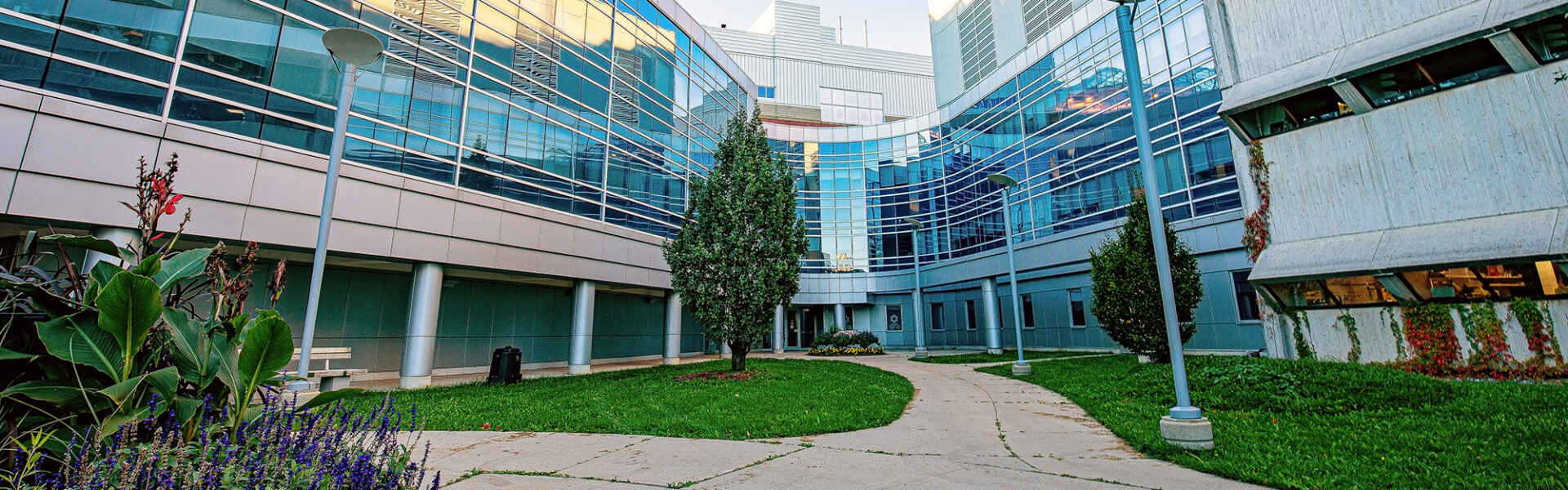 a wide shot of a concrete and steel building and the walkway in front