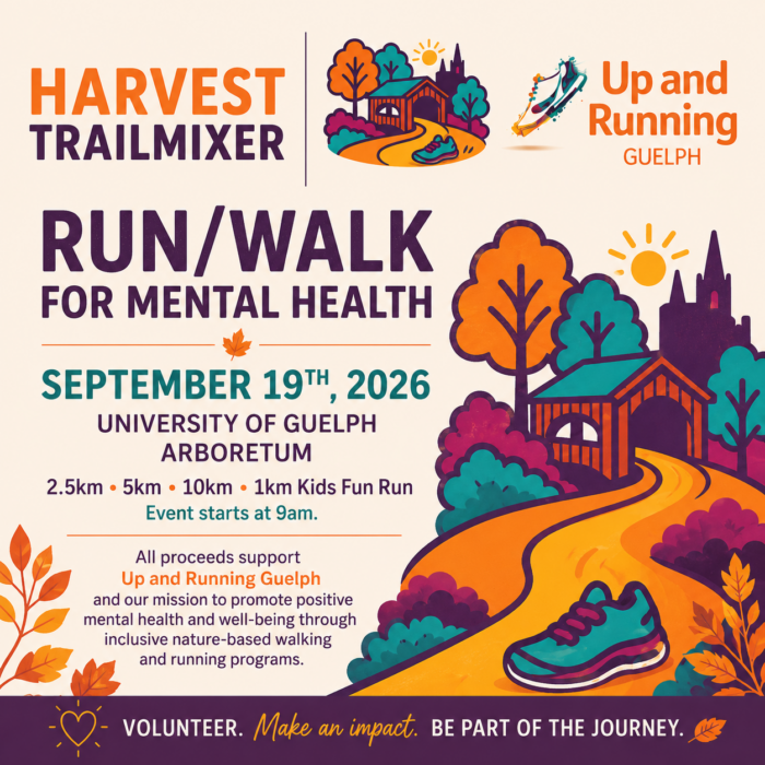Harvest trailmixer run/walk for mental health poster featuring a cartoon illustration of a path through the woods in the fall.