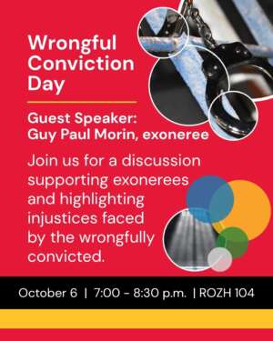 Wrongful conviction day poster with an image of handcuffs.