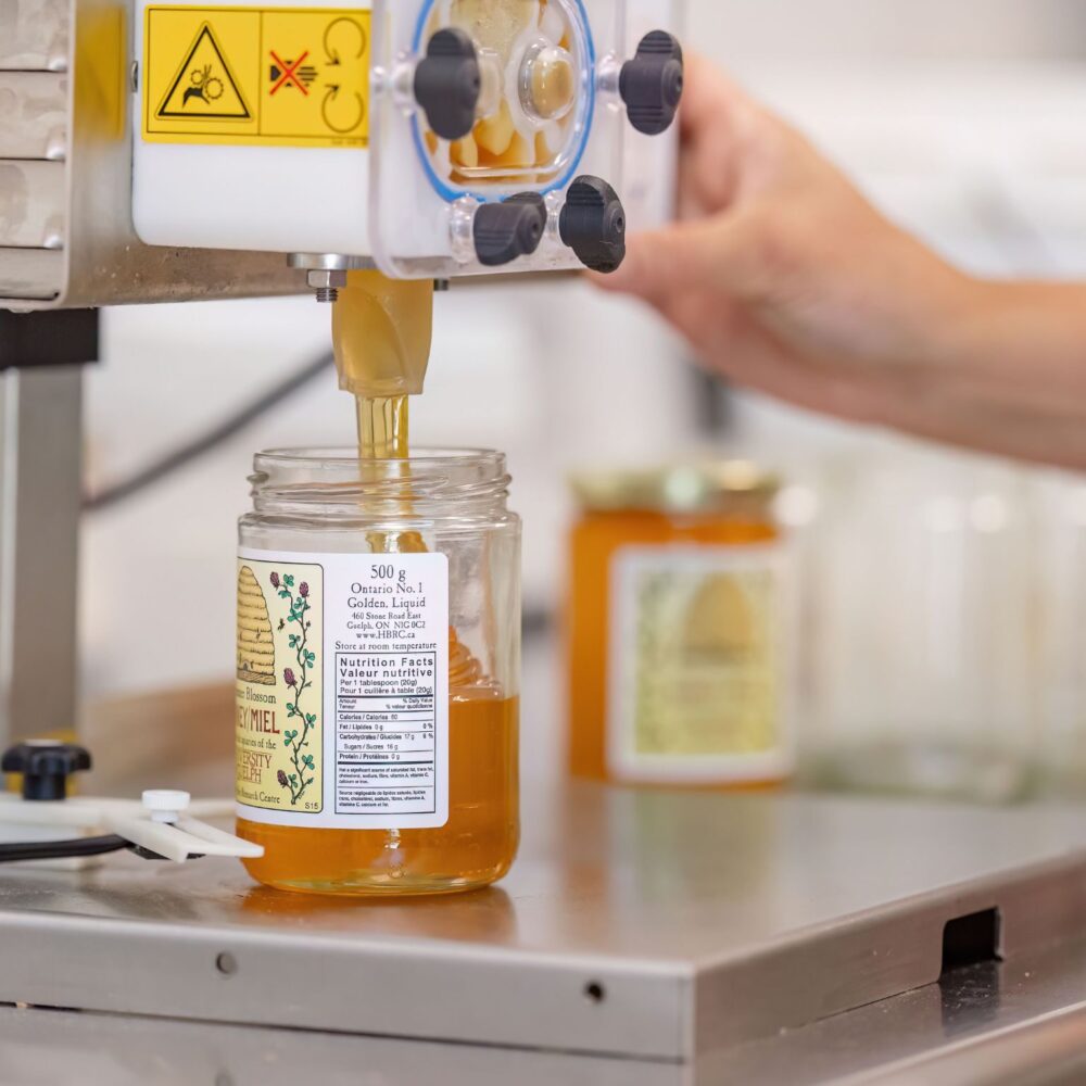 machine pours amber liquid into a glass jar