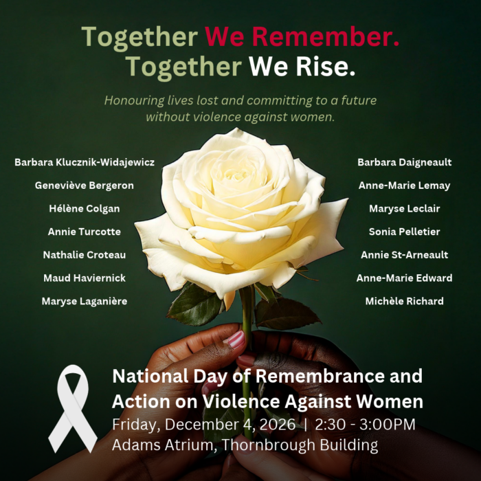 Together we remember. Together we rise. Names of those killed in the Dec. 6 attack and a white rose.