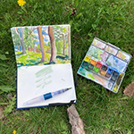 An in-progress watercolour painting and watercolour paint pallette, sitting on the grass.